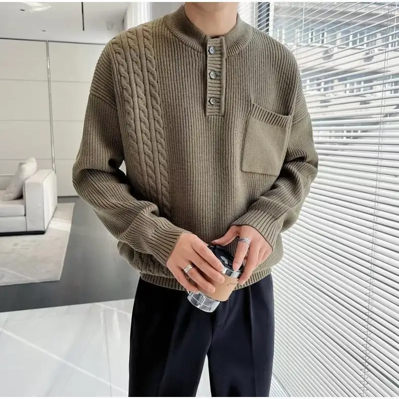 Top Trends: Fashion Stand Collar Button Pockets Solid Color Sweaters Men's Clothing 2023 Winter Loose Knitted Korean Pullovers Casual Tops Shoppable Styles