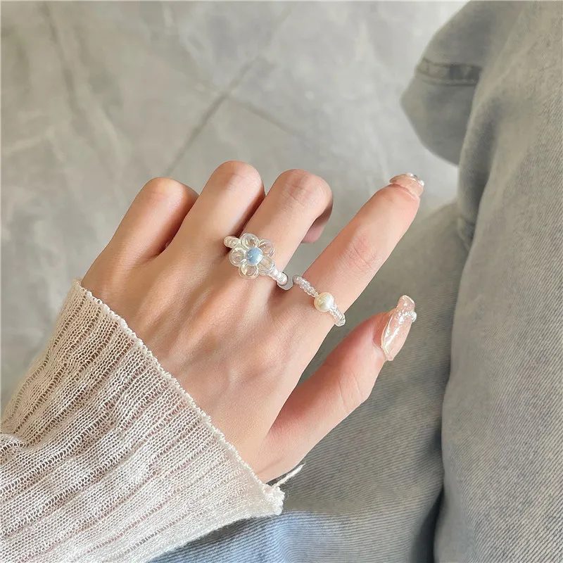 Top Trends: 2Pcs / set Korean Fashion Sparkling Ring Imitation Pearls Beaded Rings For Women Girls Knuckle Finger Ring Aesthetic Jewelry Shoppable Styles - Image 6