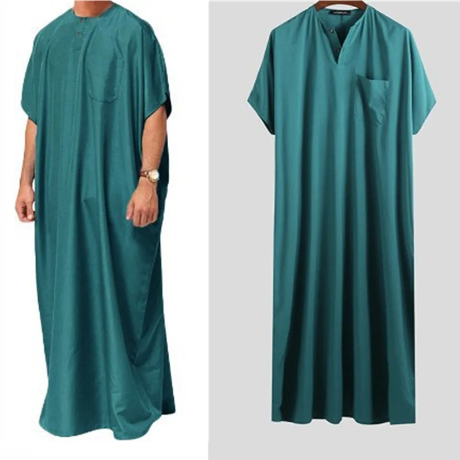 Top Trends: Islamic Arabic Kaftan For Men Vintage Solid Short Sleeve Loose Retro Robe Abaya Dubai Middle East Muslim Dress Men&#039;s Clothing Shoppable Styles