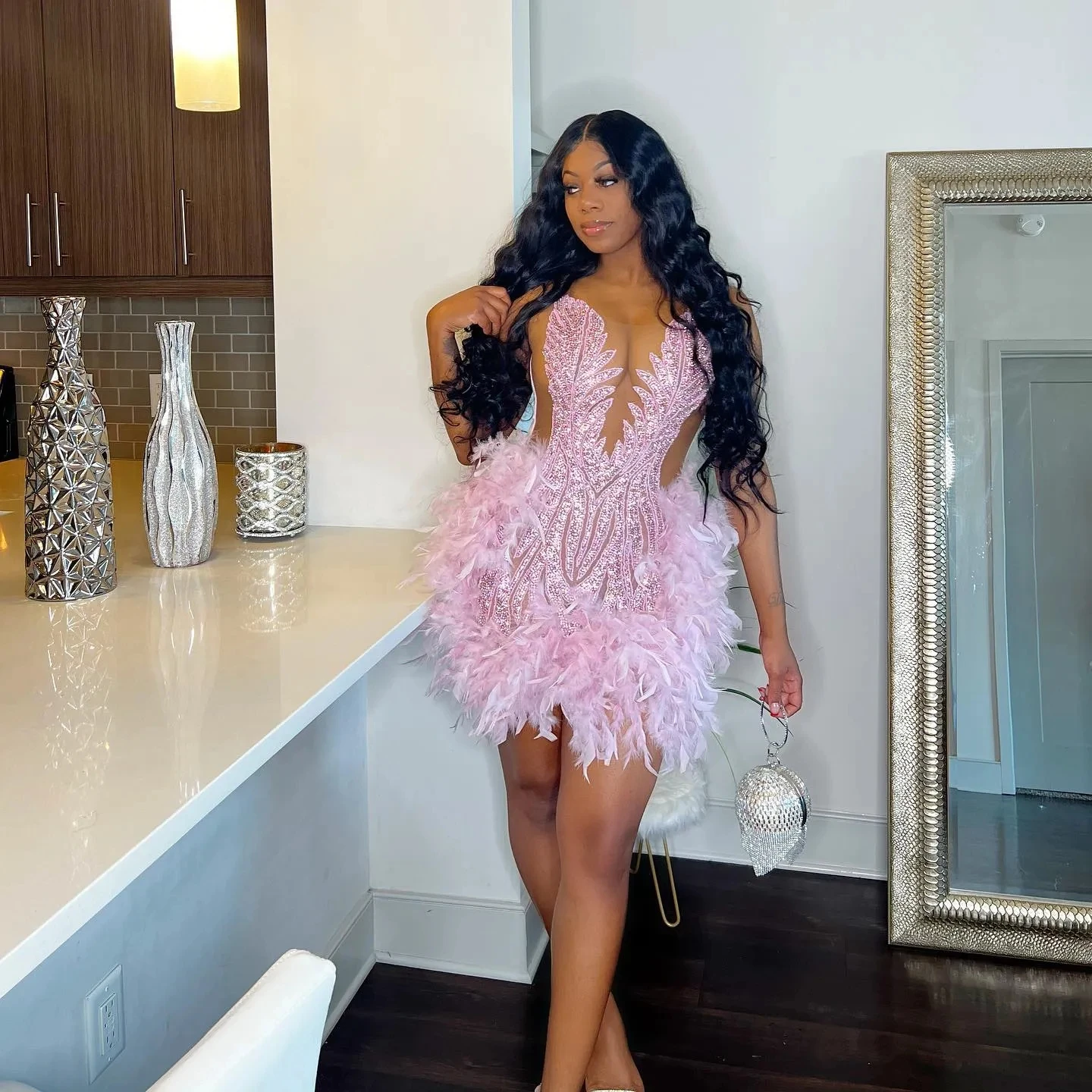 Top Trends: Feather Pink Diamond Short Prom Dresses Black Girls Sexy Birthday Party Dress Beaded African Mini Cocktail Dresses Homecoming Shoppable Styles