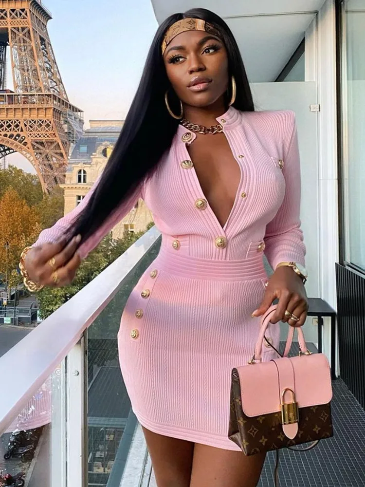 Top Trends: New Winter Style Sexy Long Sleeve Key Hole Button Pink Mini Women Bodycon Bandage Dress 2022 Elegant Evening Club Party Dress Shoppable Styles