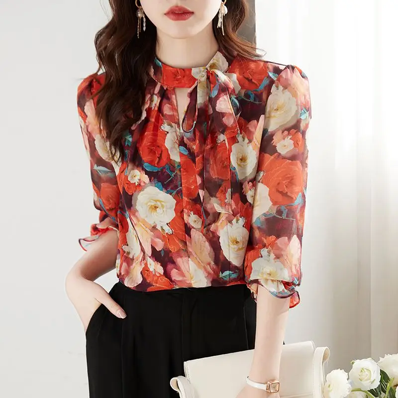 Top Trends: Vintage Printed Lace Up Bow Floral Chiffon Blouse Women&#039;s Clothing 2023 Autumn New Oversized Casual Tops Office Lady Shirt Shoppable Styles