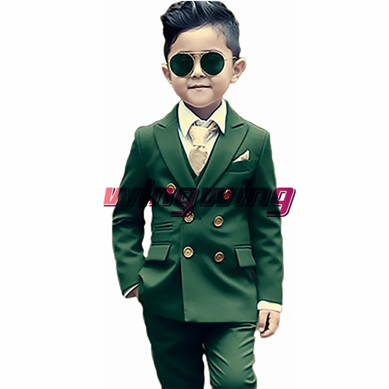 Top Trends: Green Boys Suit Wedding Two Piece Double Breasted Jacket Pants Fashion Gold Button Clothes Kids Blazer Shoppable Styles