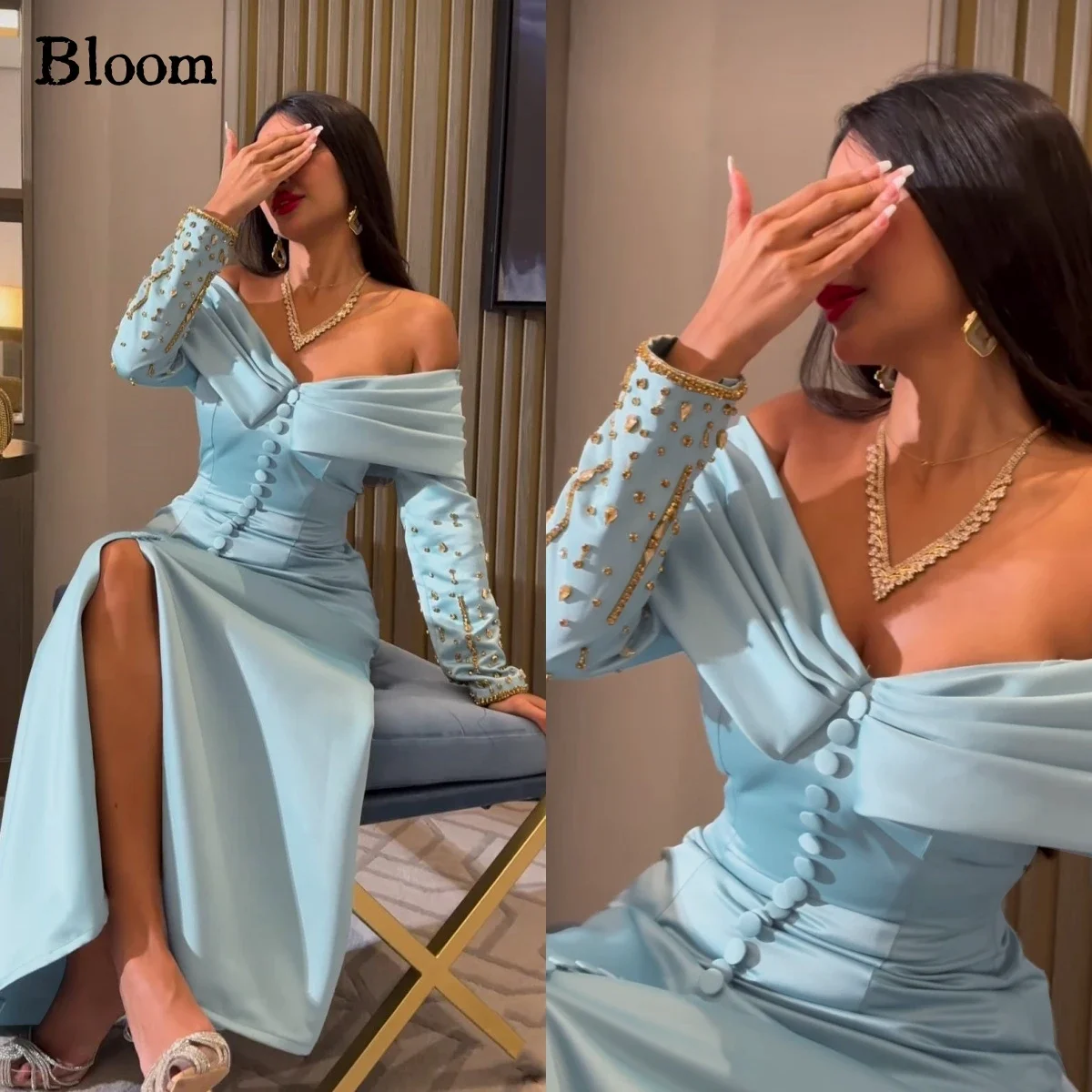 Top Trends: Bloom Off Shoulder Prom Dresses Gold Beads Long Sleeves Buttons Formal Evening Dresses Wedding Party Dress Vestidos De Gala Shoppable Styles