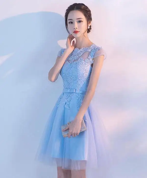 Top Trends: Sweet Lace Homecoming Dresses Sheer Short Sleeve Jewel Light Sky Blue Mini Prom Graduation Dress Juniors Party Gowns For Evening Shoppable Styles - Image 3