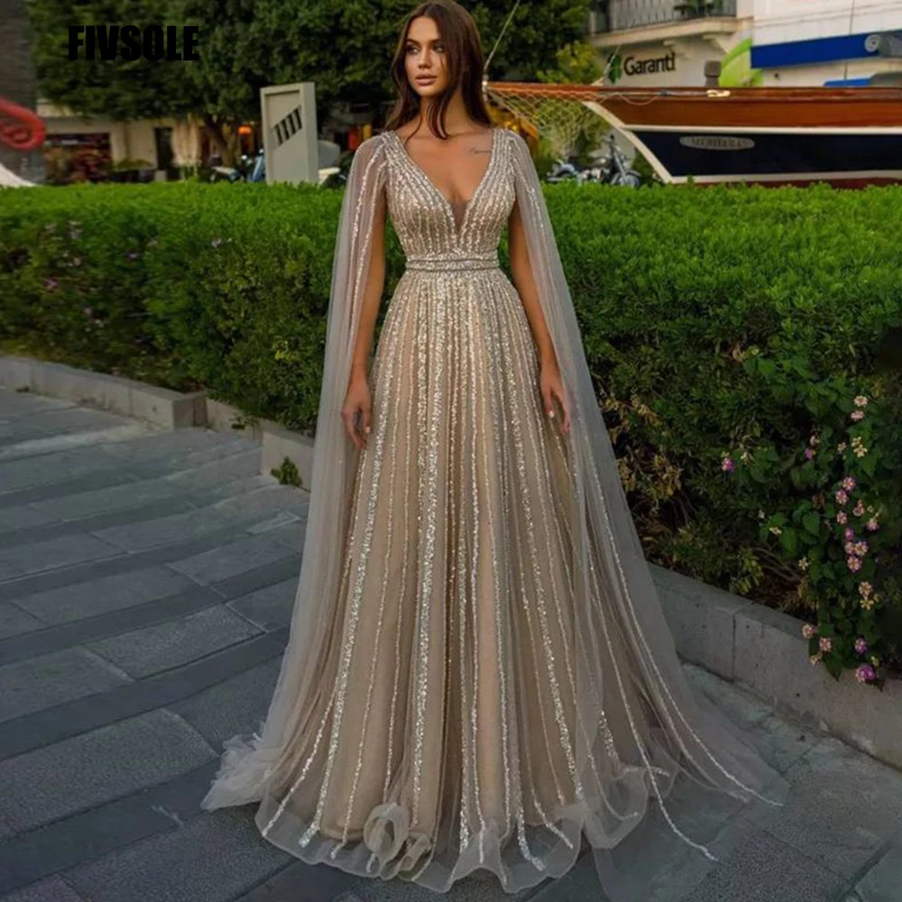 Top Trends: Fivsole Sparkly Sequin Prom Dresses 2022 Long Sexy V-Neck A-line Tulle With Long Hands Ruffles Evening Gown Dubai Party Dresses Shoppable Styles