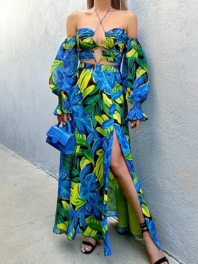 Top Trends: Green And Blue Leaves Fashion Print Long-sleeved Lace-up Hanging Neck Sexy Women's One-piece Swimsuit And Long Beach Skirt Slit Shoppable Styles