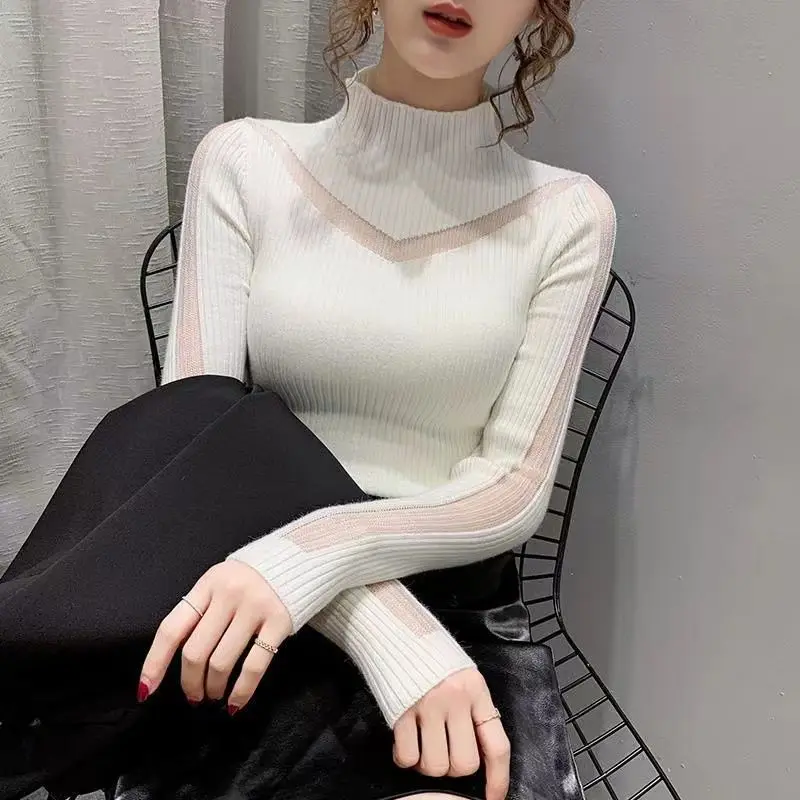 Top Trends: Women&#039;s Autumn Winter Fashion Solid Color Pullover Half High Neck Lace Casual Versatile Long Sleeve Loose Sweater Knit Tops Shoppable Styles