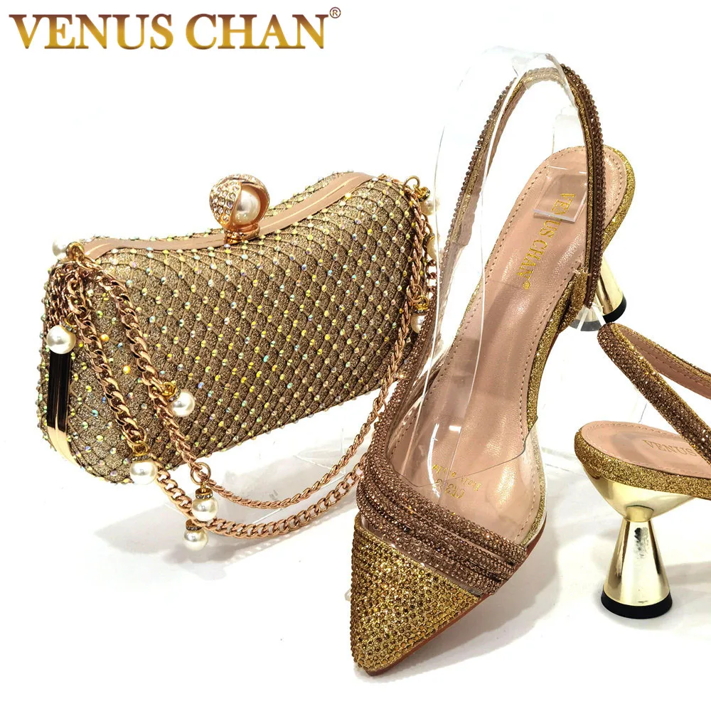 Top Trends: Venus Chan Italian Pointed Toe Wedding Shoes Gold Color Summer Sandal For Women 2023 High Heels Rhinestone Shoe And Bag Set Shoppable Styles