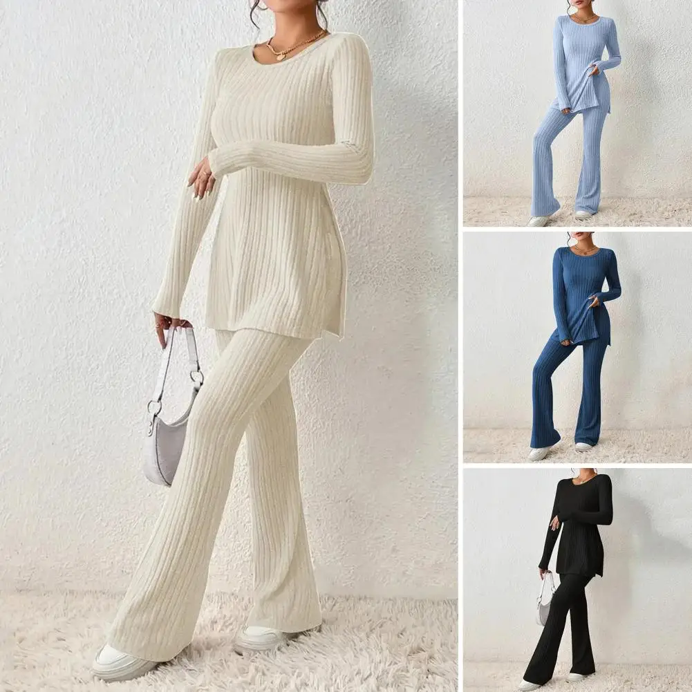 Top Trends: 2023 Fall Winter Knitted 2 Piece Suits Women Long Sleeve Ribbed Slit Long Top And High Waist Pencil Pants Set Fashion Outfit Shoppable Styles