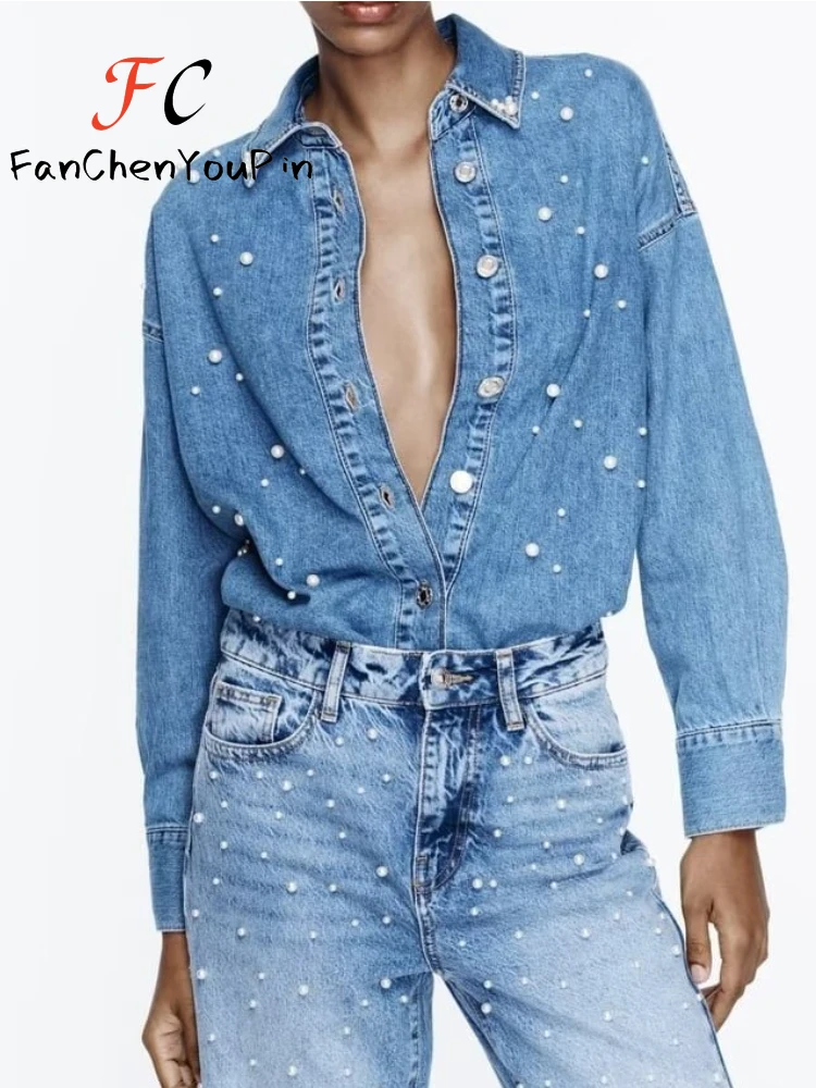 Top Trends: Spring Women's Shirt 2024 New Highstreet Long Sleeved Loose Denim Tops Fashion Casual Office Lady Exquisite Beaded Blouse Female Shoppable Styles