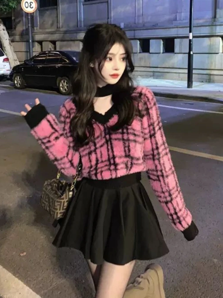 Top Trends: Deeptown Korean Fashion Pink Cropped Sweater Women Harajuku Plaid Knitted Jumper Sexy V-neck Casual Pullover Tops Y2K Streetwear Shoppable Styles