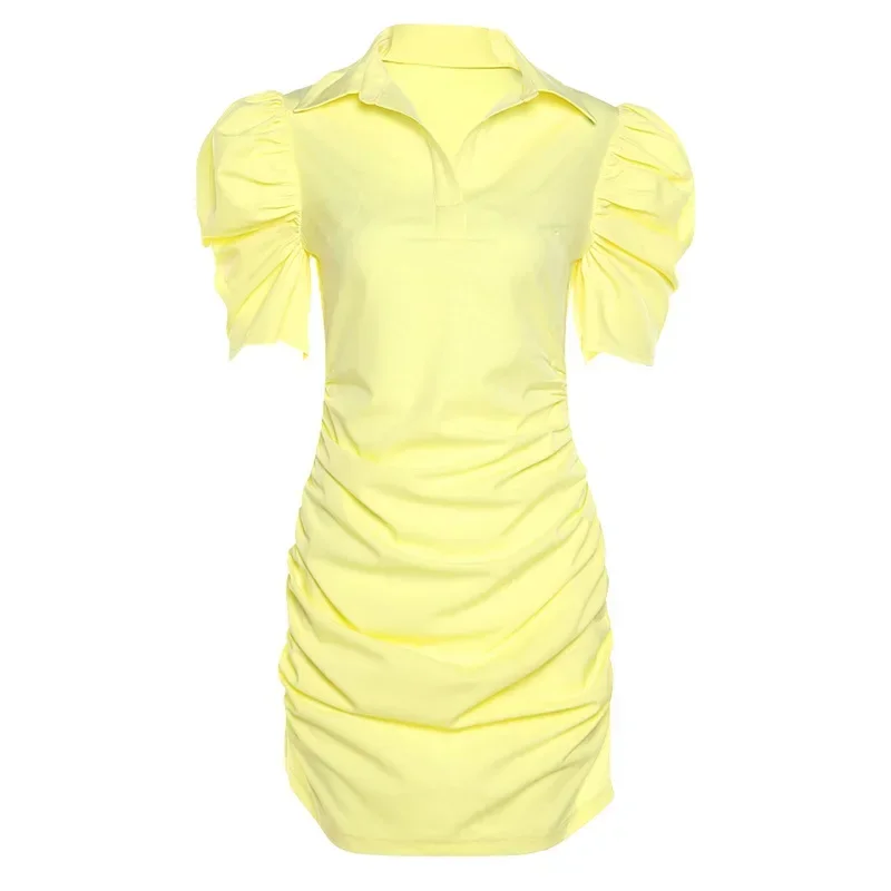 Top Trends: Vintage Short Puff Sleeve Bodycon Dress Women 2023 New Turn Down Collar Yellow Sexy Mini Draped Button Casual Party Dresses Y2k Shoppable Styles - Image 6