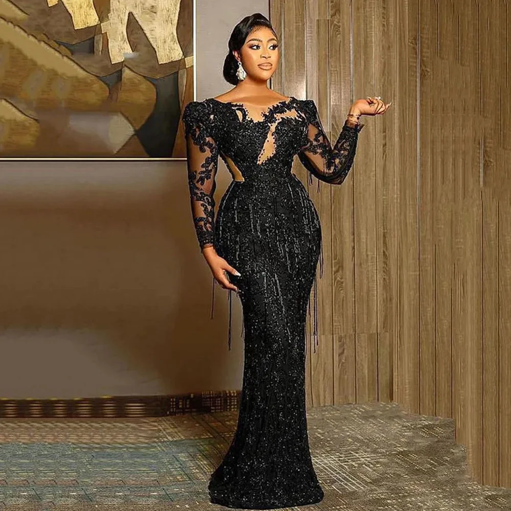 Top Trends: Fashion Beautiful Evening Dresses For Women Fascinating Lace Applique Sexy Round Neck Long Sleeves Slimming Party Prom Gowns Shoppable Styles