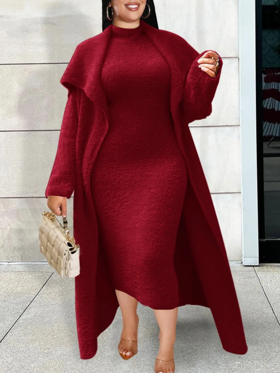 Top Trends: LW Plus Size Skirt Set Basic Solid Color Skinny Skirt Set Autumn Winter Warm Women's Matching Set Long Coat + Maxi Dress Sets Shoppable Styles