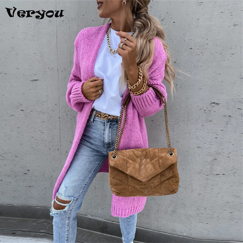 Top Trends: Women Casual Long Sleeve Knitted Cardigan Autumn Elegant Loose Solid Color Sweater Coats Winter Fashion Straight Midi Outerwear Shoppable Styles