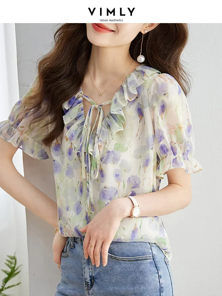 Top Trends: Vimly V Neck Ruffles Short Sleeve Ladies Tops Summer 2023 French Style Elegant Fashion Floral Chiffon Shirts &amp; Blouses M1112 Shoppable Styles