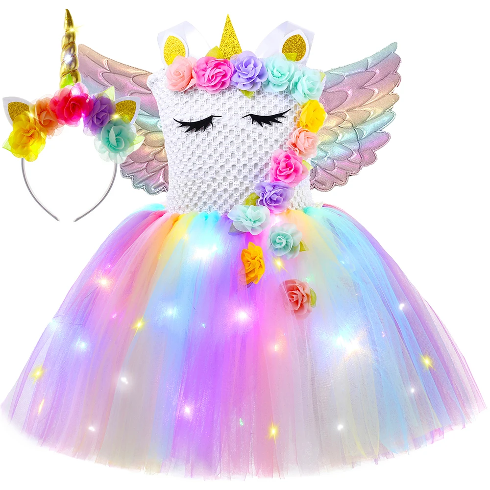 Top Trends: Girls Unicorn Princess Dress LED Light Up Flowers Tutu Dress Halloween Costume Birthday Party Kids Dresses For Girls Vestidos Shoppable Styles