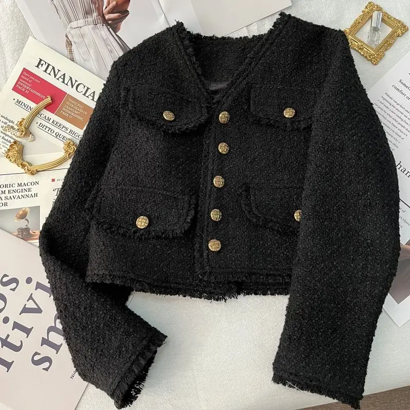 Top Trends: Korean Fashion Tassel Tweed Coat Women Spring Fall V-Neck Vintage Jacket 2023 French Style Black White Single Breasted Outwear Shoppable Styles