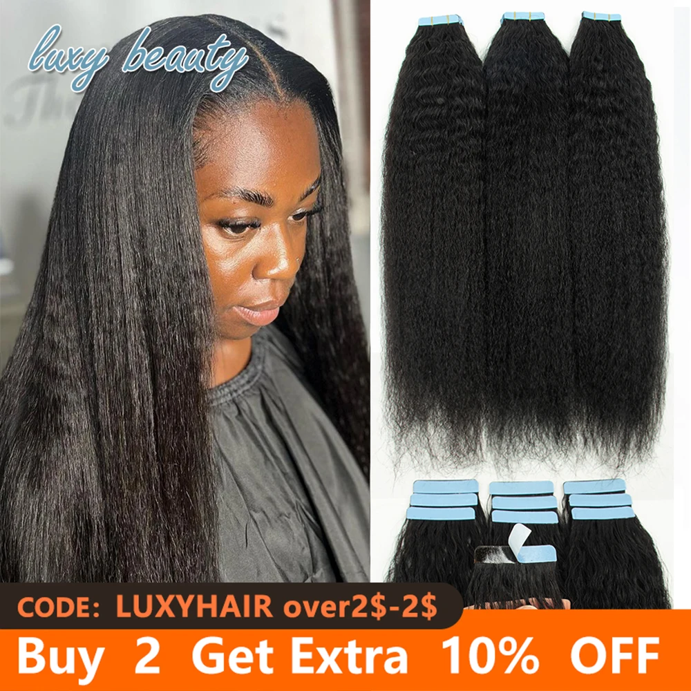 Top Trends: Kinky Straight Tape In Human Hair Extensions 100% Remy Tape In Hair Adhesive Invisible Brazilian Natural Black 12&quot;-26&quot; Inches Shoppable Styles