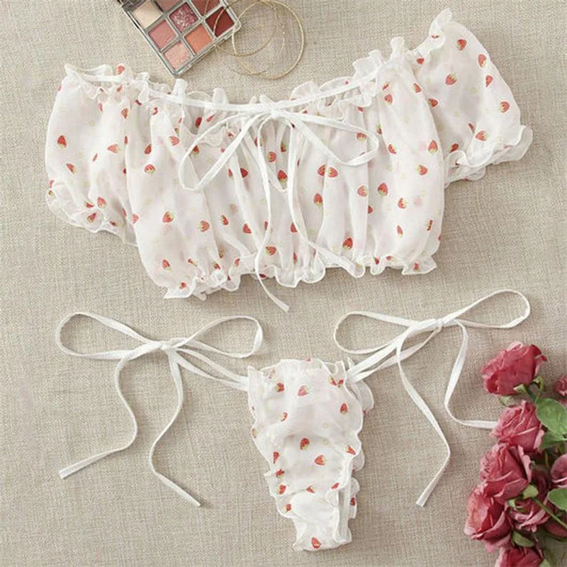 Top Trends: Off Shoulder Lingerie Set Kawaii Women's Underwear Cute Strawberry Print Bra Set Young Girl Underwear Ruffles Micro Bikini Mujer Shoppable Styles