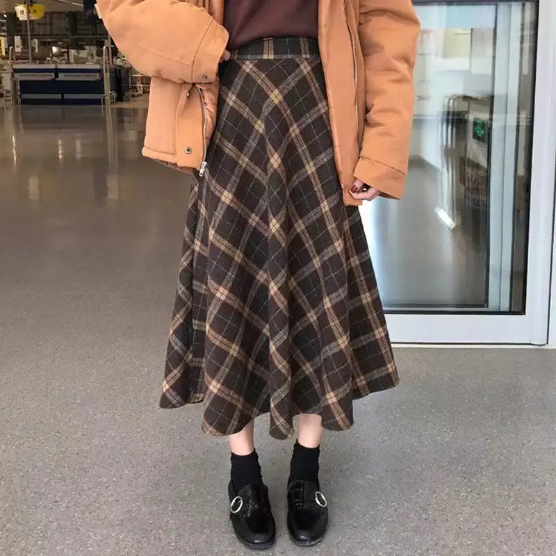 Top Trends: Tweed Plaid Skirt Women Fall Winter New Loose Vintage England Style Mid Length High Waist Package Hip A-line Long Skirt Female Shoppable Styles