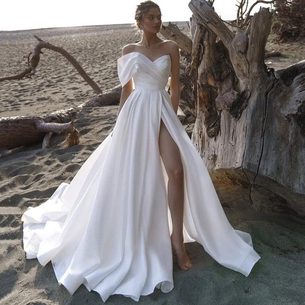 Top Trends: Sexy Beach Wedding Dresses Women Split Side One Shoulder Bride Dress 2023 Satin Wedding Gowns Summer Pleated Robe De Mariage Shoppable Styles