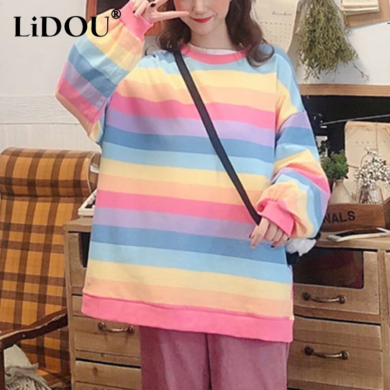 Top Trends: Spring Summer Round Neck Rainbow Printed Sweatshirts Ladies Long Sleeve Loose Casual Fashion Pullover Tops Women Striped Tees Shoppable Styles