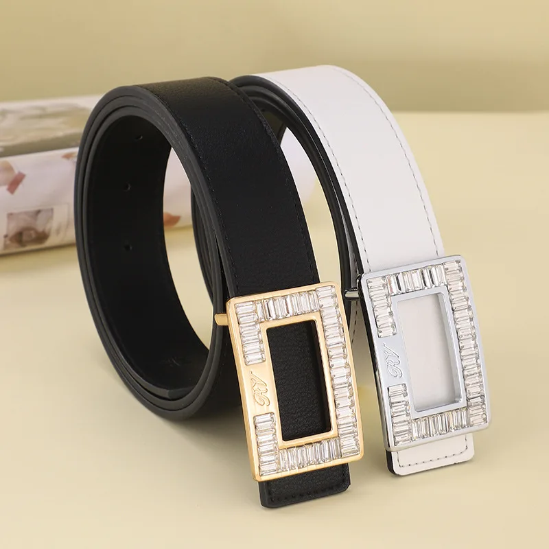 Top Trends: New Leather Women&#039;s Belt Fashion Rhinestone Inlaid Buckle Simple Style Belt All-match Clothing Pants High Quality Designer Belts Shoppable Styles