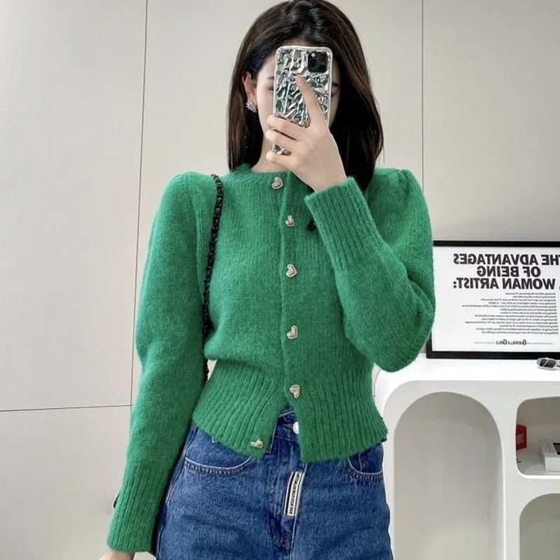 Top Trends: Fashion Women Knitted Cardigan Puff Sleeve Top Heart Button Sweater Coat Cheap Wholesale Cropped Jacket Loose Spring Autumn Coat Shoppable Styles