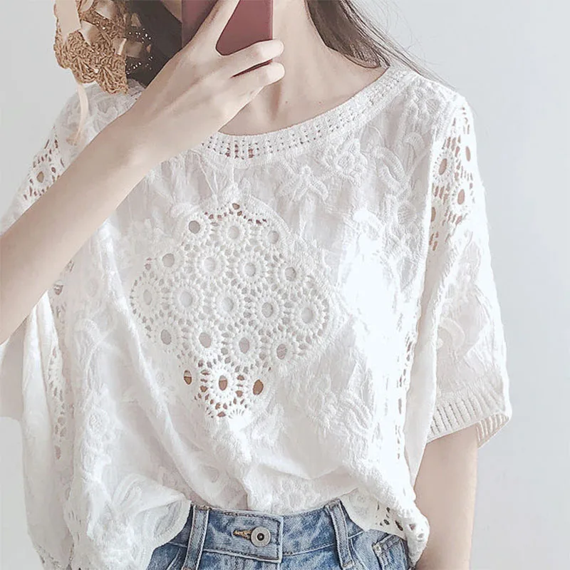 Top Trends: Fashion Elegant Hook Flower Hollow Solid Color Blouse Women's Clothing Summer All-match Female O-Neck Loose Embroidery Shirt Shoppable Styles