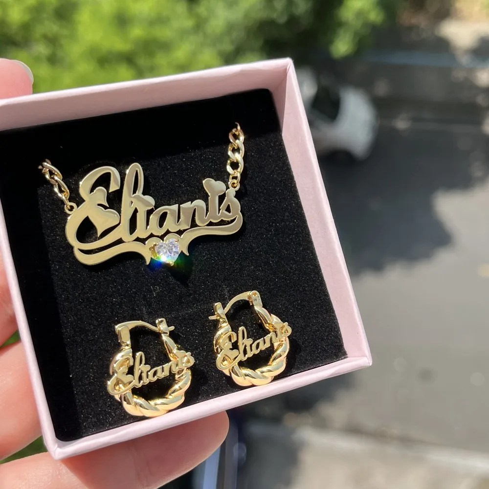 Top Trends: DUOYING Custom Name Jewelry Set With Heart Personalized Mini Hoop Earring Stainless Steel Nameplate Necklace For Children's Gift Shoppable Styles