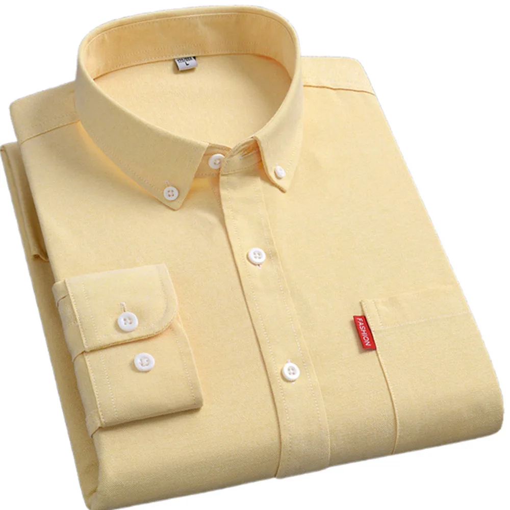 Top Trends: 100% Cotton Shirt For Men Oxford Fabric Long Sleeve Solid Comfort Single Pocket Design Standard-fit Button Yellow Social Shirts Shoppable Styles