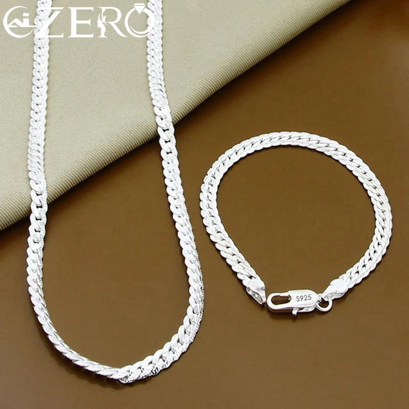 Top Trends: 925 Sterling Silver 2 Piece 5MM Full Sideways Chain Necklace Bracelet For Women Men Fashion Jewelry Sets Wedding Gift Shoppable Styles