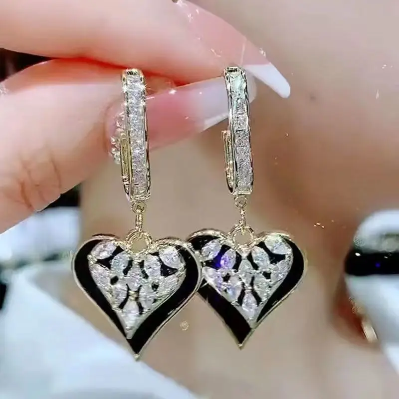 Top Trends: New Drop Glaze Black Love Zircon Double-layer Pendant Earrings For Women Luxury Daily Aaccessories Party Jewelry Birthday Gifts Shoppable Styles