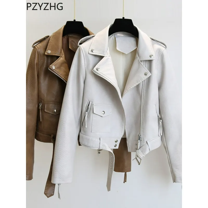 Top Trends: 2023 New Style Spring Autumn Faux Leather Jacket Slim Streetwear Khaki Leather Coat Biker Moto Jacket With Belt Female Outerwear Shoppable Styles