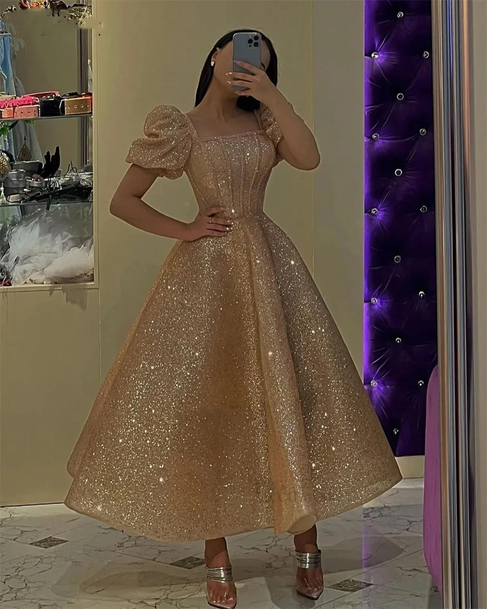 Top Trends: Pink Sequin A-Line Princess Prom Dresses Square Collar Robes De Soirée Short Sleeves Evening Dress Puff Formal Party Ball Gowns Shoppable Styles