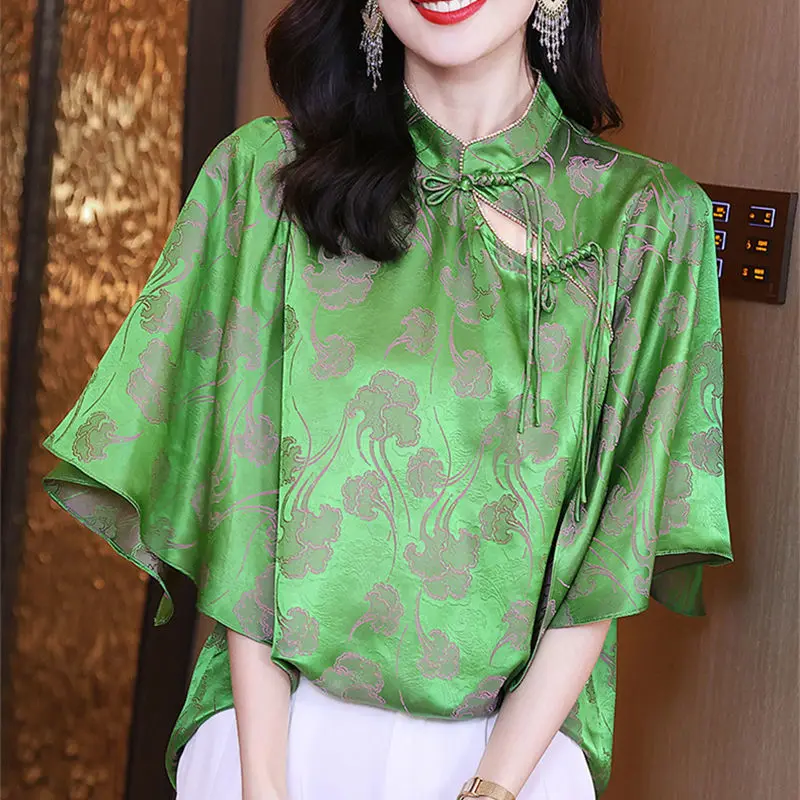 Top Trends: Femme Chinese Style Printing Silk Half Sleeve Stand Collar Blouse Autumn Office Lady Buttons Women Shirts Simplicity Lacing Tops Shoppable Styles - Image 2