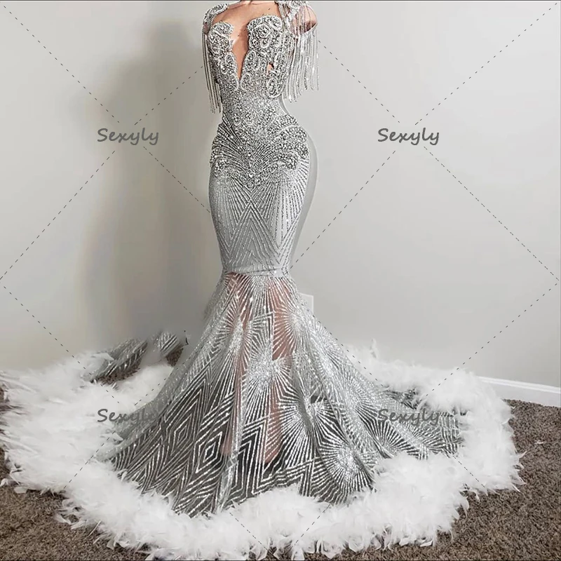 Top Trends: Glitter Silver Feather Prom Dress 2023 For Black Girls Sparkle Mermaid Sequin Evening Dress Aso Ebi Luxurious Formal Dance Gown Shoppable Styles