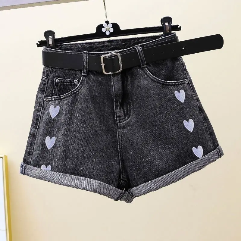 Top Trends: Summer New Love Embroidery High Waist Denim Shorts Solid Color Loose A-line Wide Leg Hot Pants Trend Fashion Women Clothing Shoppable Styles