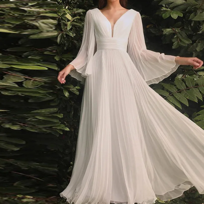 Top Trends: Sexy V Neck Chiffon White Midi Summer Dresses For Women 2022 Elegant Evening Guest Long Party Dress Long Sleeve Ball Gown Dress Shoppable Styles