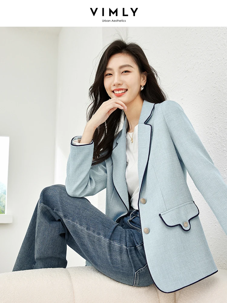 Top Trends: Vimly Blue Notched Collar Blazer For Women 2023 Autumn Office Lady Business Casual Elegant Straight Jackets New In Outerwears Shoppable Styles