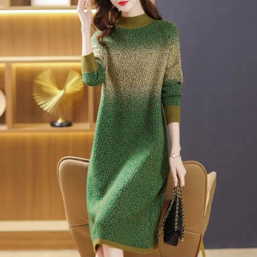 Top Trends: Oversize Women Fashion Knitting Dresses 2023 Vintage Gradient Half High Collar Pullover Office Lady Long Sweater Bottom Dress Shoppable Styles