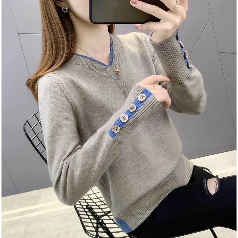 Top Trends: New Autumn Winter Fashion Trend V-neck Color Matching Versatile Loose Fitting Stylish Slim Women's Knitted Sweater Shoppable Styles