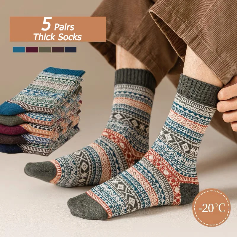 Top Trends: 5 Pairs / Lot Men&#039;s Thick Wool Socks Autumn And Winter High Quality Japanese Vintage Stripes Warm Comfortable Soft Socks EU 38-43 Shoppable Styles