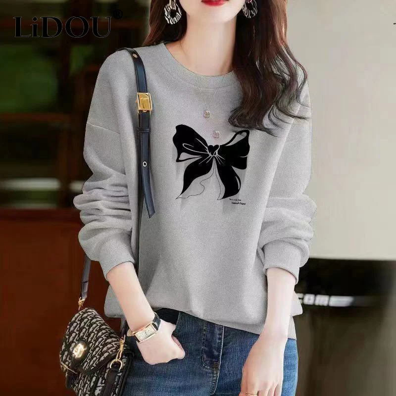 Top Trends: Spring Autumn Bow Printing Loose Casual Cotton Sweatshirt Ladies Simple All-match Pullover Top Women Comfortable Fashion Outwear Shoppable Styles