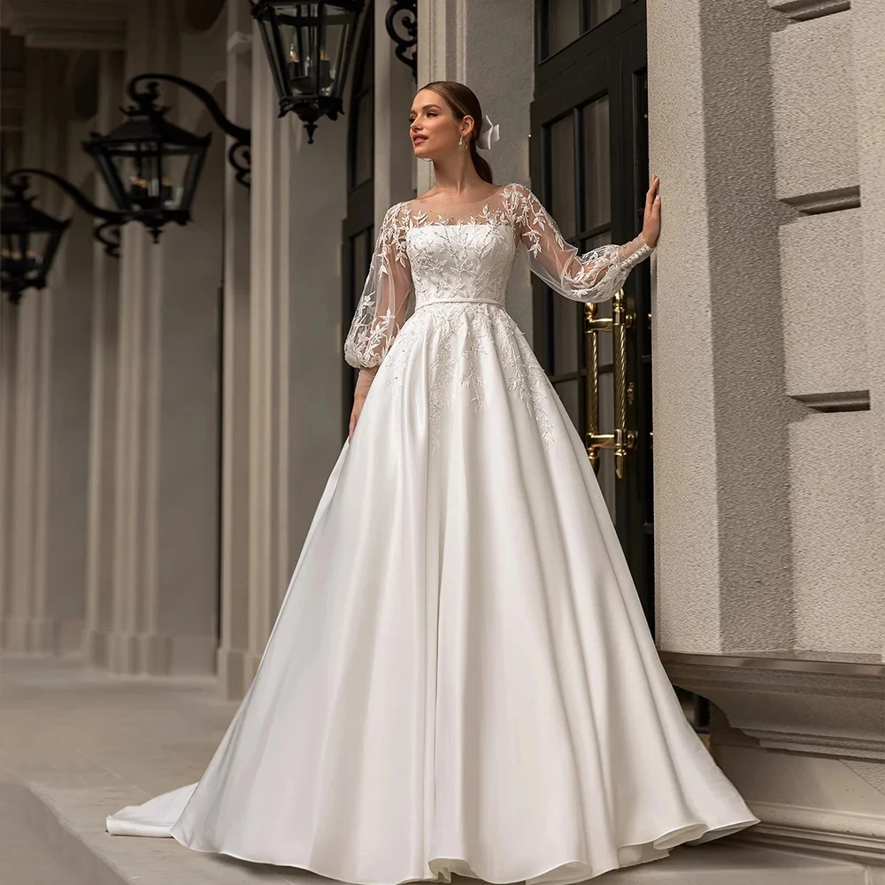 Top Trends: Luxury Lace Appliques Wedding Dresses A Line Fuffy Ruched Satin Ball Gowns Long Sleeve Formal Bride Beach Party Vestido De Novia Shoppable Styles