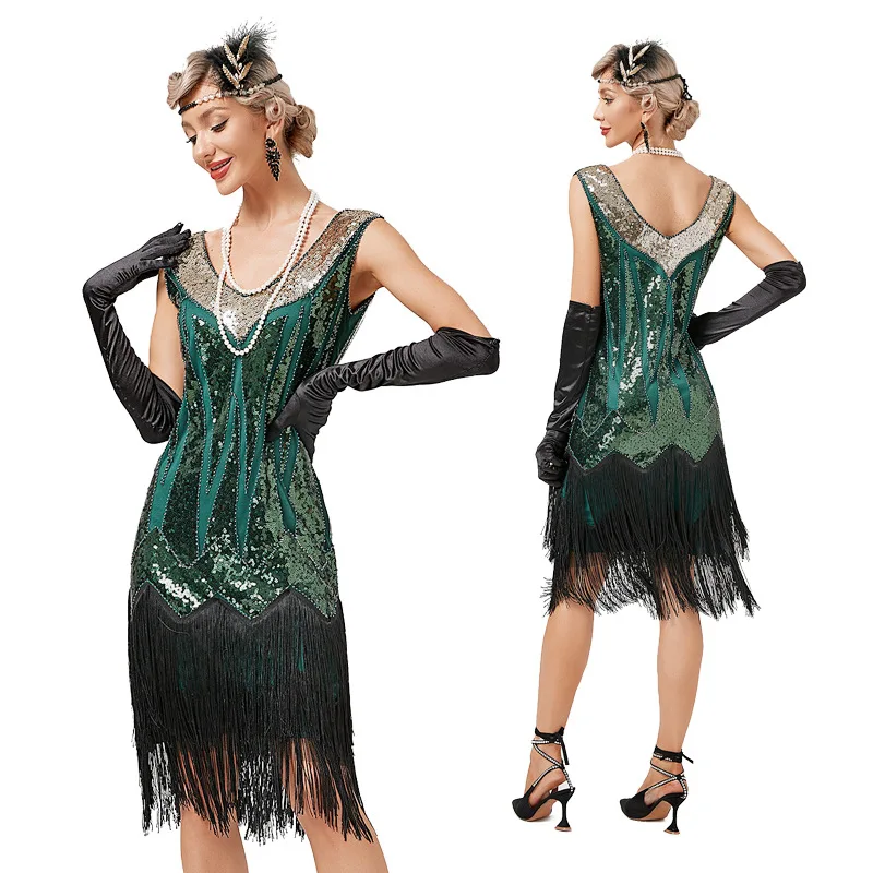 Top Trends: Vintage 1920s Flapper V-neck Double Tassel Dress Great Gatsby Cosplay Costume Cocktail Party Charleston Dance Sequin Stud Dress Shoppable Styles