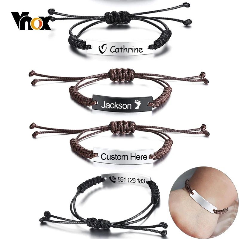 Top Trends: Vnox Handmade Braided Rope Bracelets For Boys Kids Stainless Steel ID Bar Bangle Children Anti Lost Jewelry Personalize Name Shoppable Styles