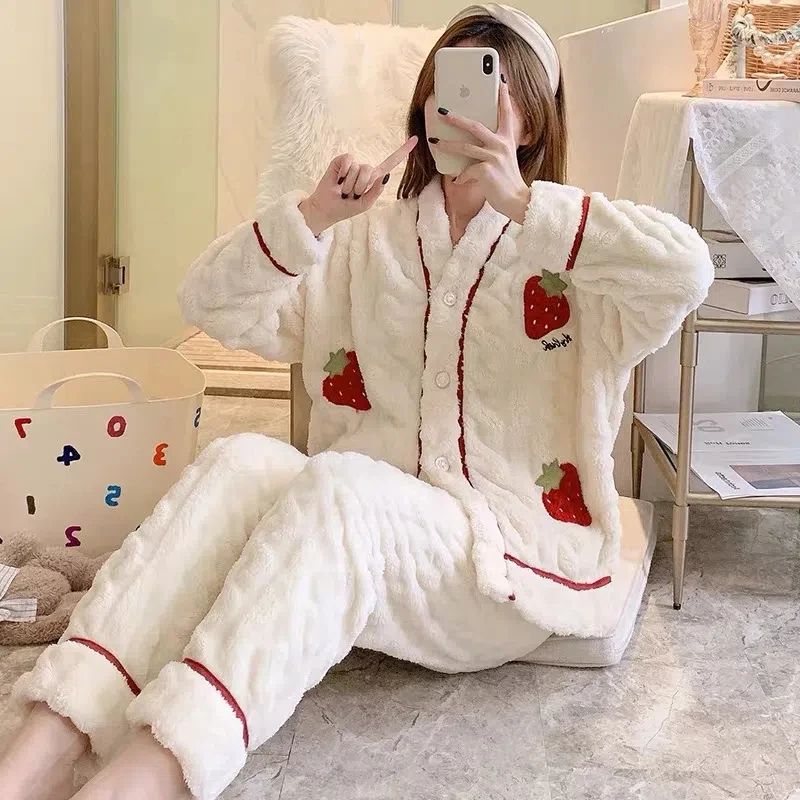 Top Trends: Winter Strawberry Pajamas Set Women Pyjamas Sets Thick Coral Velvt Flannel Girl Warm Lounge Sleepwear Pajama Sets Shoppable Styles